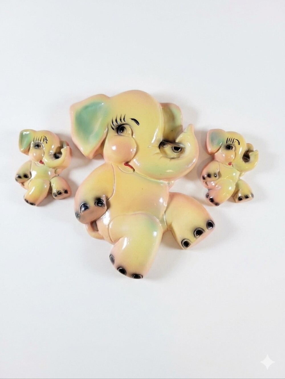 Vintage Chalkware Elephants Wall Decor Hanger Mid Century Kitsch Anthropomorphic